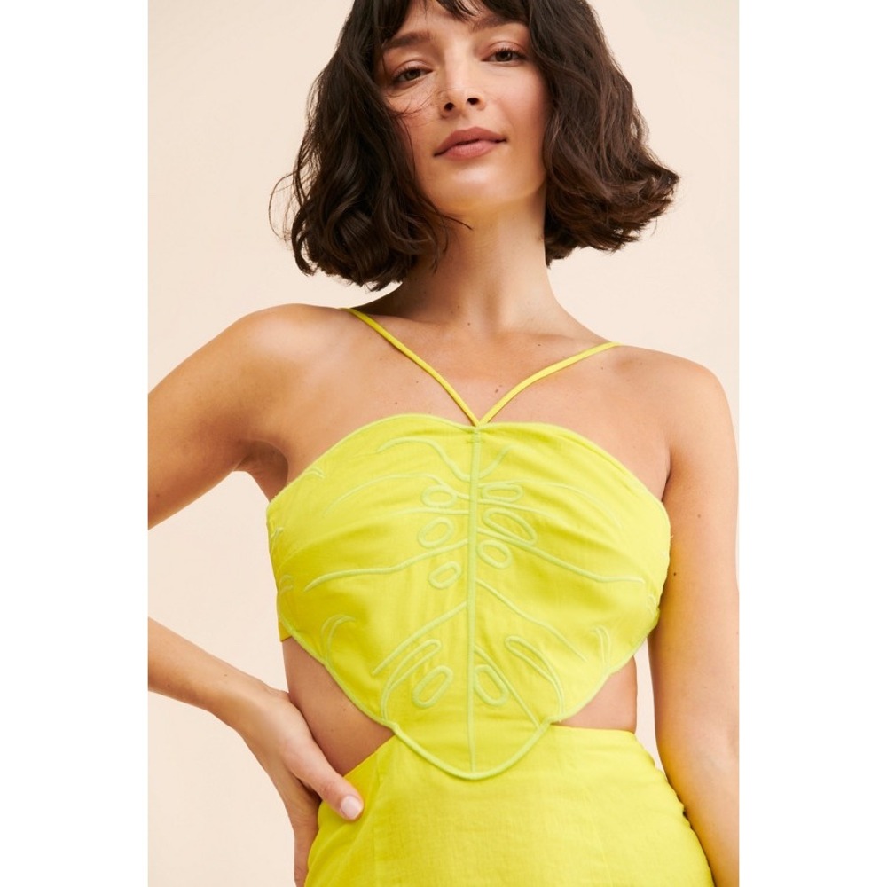 Farm Rio Monstera Leaf Embroidered Cut-Out Midi Dress Lime Green Small - Picture 2 of 6